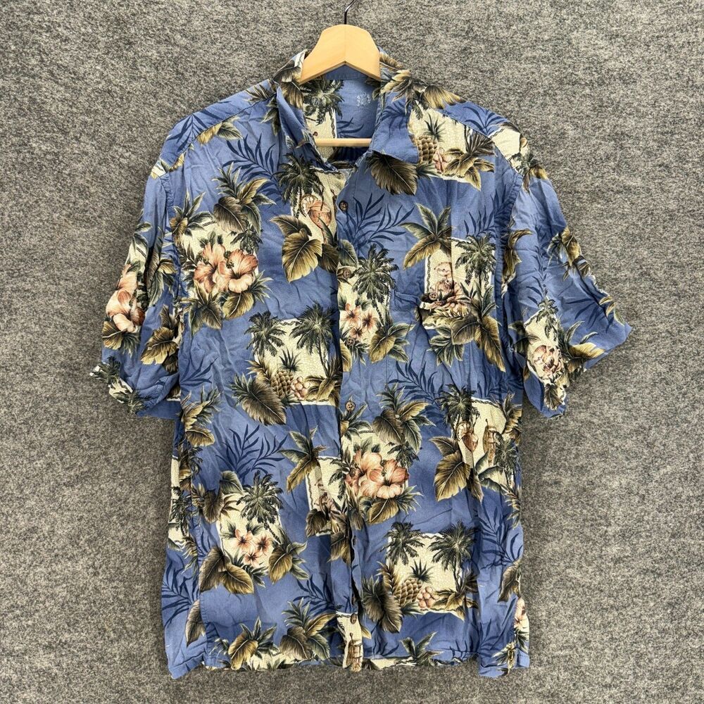 Unbranded Shirt Men 42 Blue Floral Button Up Collared Short Sleeve Regular Fit